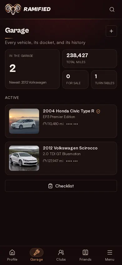 Ramified garage screen listing two vehicles