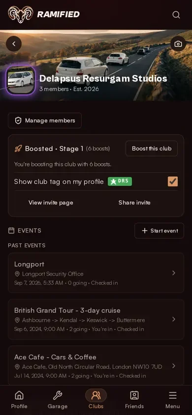 A Ramified club hub showing club events and member management