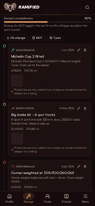 A Ramified docket showing dated maintenance and modification entries with mileage and cost